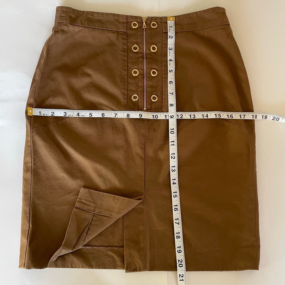 Prada Brown Midi Skirt Gold Grommet Zip Italy Size 46 Minimalist Luxury Classic - Picture 11 of 14